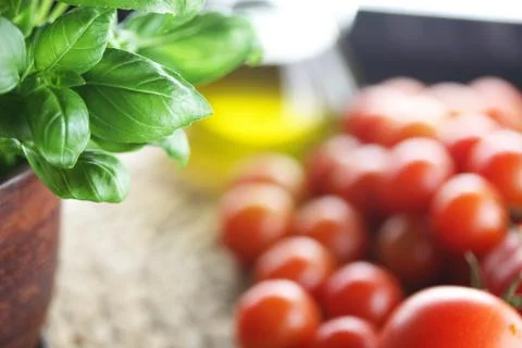 Basil and cherry tomatoes Stock Photos
