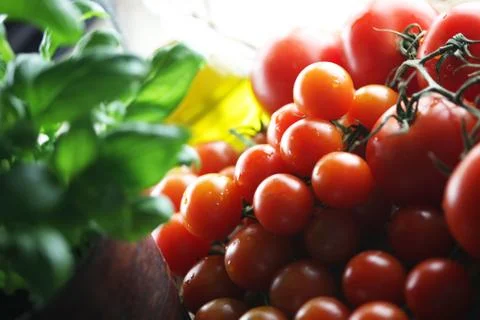 Basil and cherry tomatoes Stock Photos