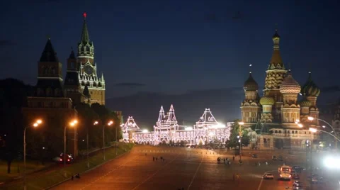 Basil the Blessed cathedral and Kremlin at night Stock Footage