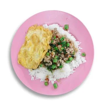 Basil fried pork with omelet &amp; rice Stock Photos