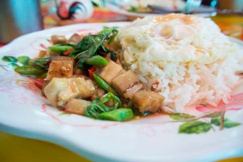 Basil fried rice with pork, thai food Stock Photos