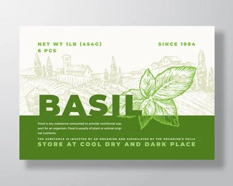 Basil Label Template. Abstract Vector Packaging Design Layout. Modern Typography 스톡 일러스트