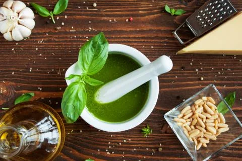Basil pesto preparation Stock Photos