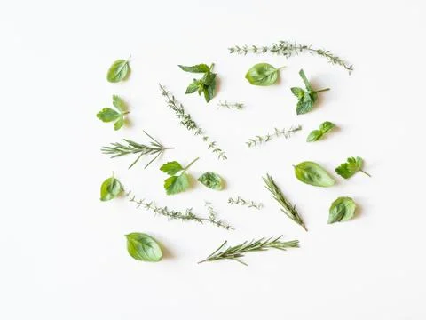 Basil, rosemary and thyme pattern isolated on white background. Flat lay of g Stock Photos