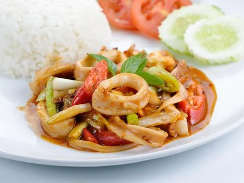 Basil Squid with rice Stock Photos