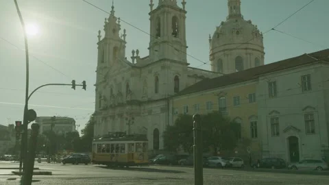 Basilica da Estrela and Iconic Lisbon Tram in the Heart of the City Stock Footage 273783990