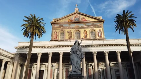 Basilica di San Paolo fuori le mura. Entrance with statue.  Italy, Rome. Stock Footage