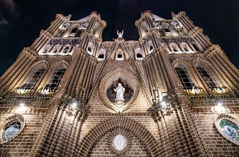 Basilica of the Immaculate Conception at night in Jardin, Colombia Stock Photos
