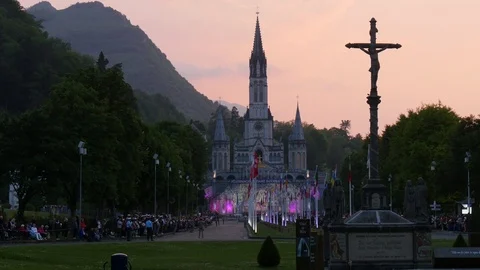 The basilica of Lourdes at sunset Stock Footage 90119759