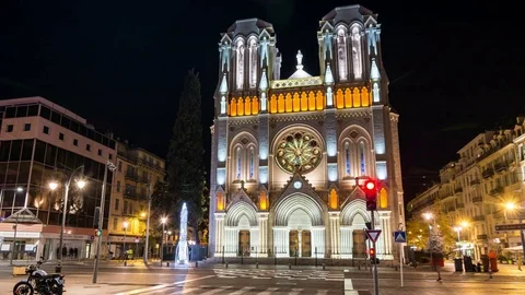 The Basilica of Notre-Dame de Nice, France. Night illumination. Stock Footage 84908216