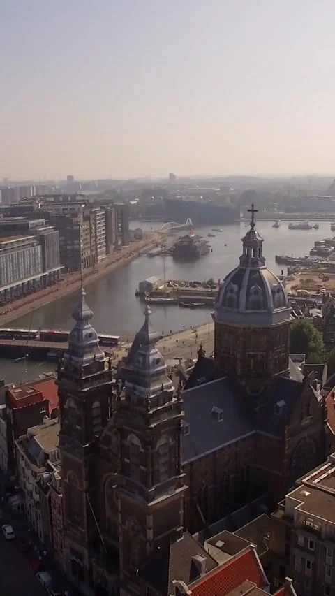 The Basilica of Saint Nicholas. Old Centre district of Amsterdam. Aerial view Stock Footage 283841845