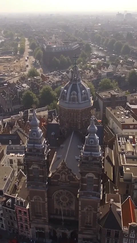 The Basilica of Saint Nicholas. Old Centre district of Amsterdam. Aerial view Stock Footage 283841848