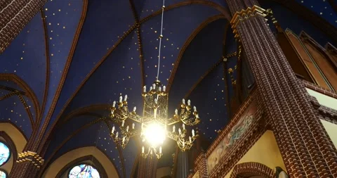 Basilica of St. John the Baptist Interior Ceiling and Stained Glass Windows Stock Footage 337005214