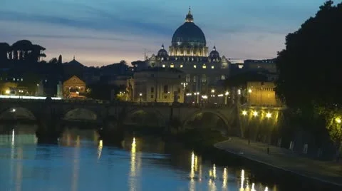 Basilica St.Petre in night. River Tiber.Rome,Italy Stock Footage