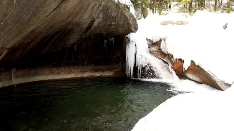 Basin Cascade on the Pemigewasset River creates icefall. Audio of waterfall. Stock Footage 91976635