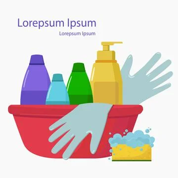 Basin with gloves, sponge and detergent bottle . Cleaning tools,cleaning serv Stock Illustration