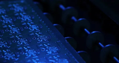 The basis for the electronic motherboard moves along the conveyor in subdued Stock Footage 201210896