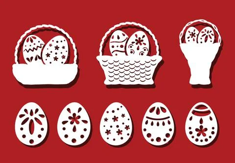 Basket and Easter eggs set for laser cutting. Icons for greeting card. Vector Stock Illustration