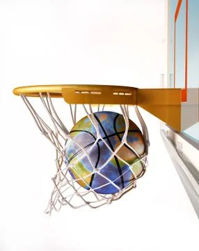 Basket ball with earth globe texture, centering the basket, close up view. Stock Illustration