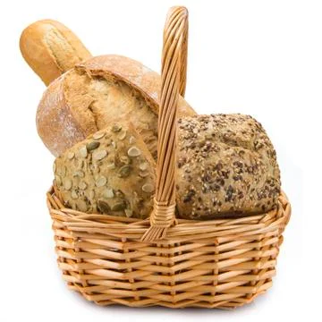 Basket with a bread assortment isolated on white Stock Photos