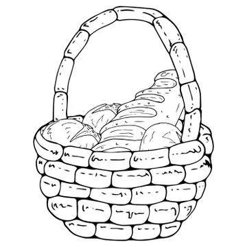 Basket with bread icon. Vector illustration of bread in a wicker basket. Hand Stock Illustration