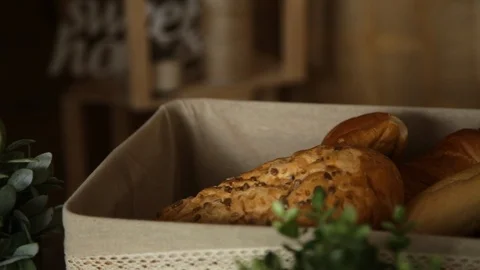 Basket with bread is on the table Stock-Footage 87862265