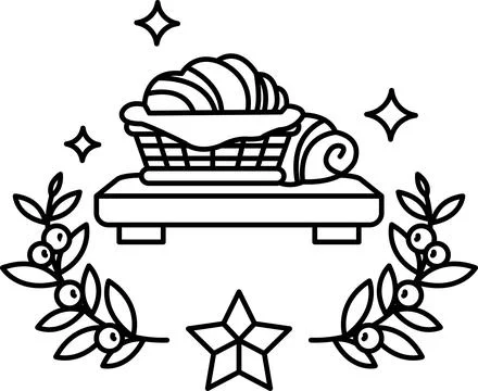 A basket of bread is on a wooden table Stock Illustration