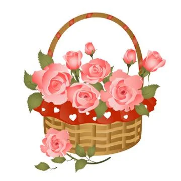 Basket with bunch of roses Stock Illustration
