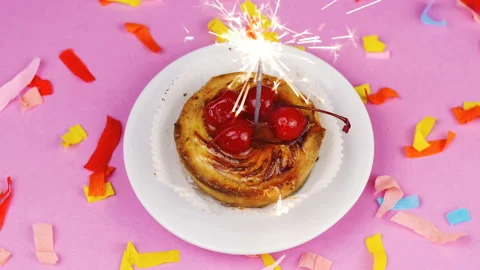Basket cake with icing and cherries. Burning sparkler. Stock Footage 101674770
