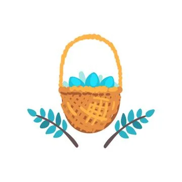 Basket of Colored Easter Eggs and Green Spring Twigs Vector Illustration Stock Illustration
