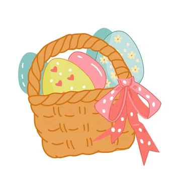Basket of colored Easter eggs in cute kawaii style, flat vector illustration  Stock Illustration