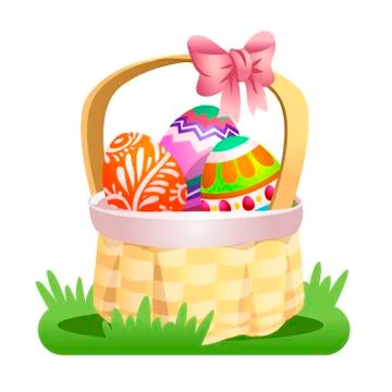 Basket with colored Easter eggs. Vector illustration isolated on white  Stock Illustration
