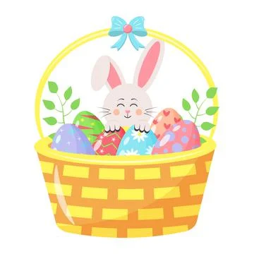 Basket with colored eggs and twigs. Easter Bunny peeking out from behind a ba 스톡 일러스트