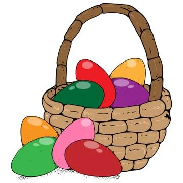 Basket with colored eggs icon. Vector of a wicker basket with painted eggs fo Stock Illustration