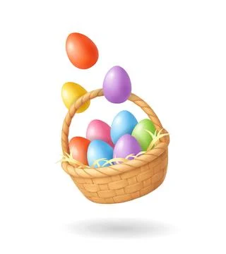 Basket of colorful Easter eggs. 3D realistic Spring holiday celebration Stock Illustration