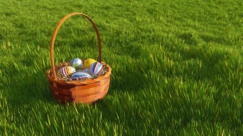 Basket with colorful easter eggs among green grass Stock Illustration