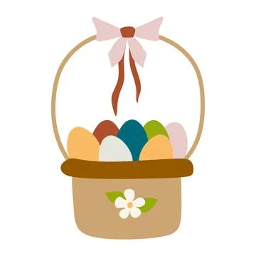 Basket with colorful Easter eggs and Ribbon Bow on white background. Vector F Stock Illustration