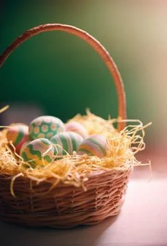 Basket with colorful Easter eggs, close up photo Stock Photos
