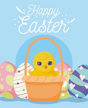 Basket with cute chicken and easter eggs over blue background Stock Illustration