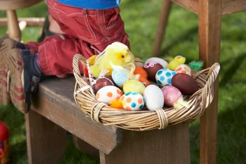 Basket of decorated easter eggs in basket Stock Photos