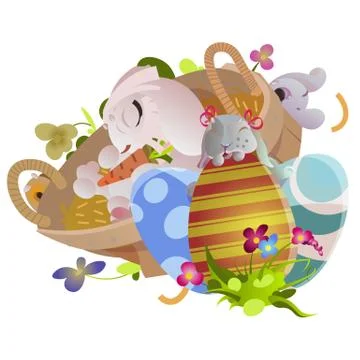 Basket decorated easter eggs on green grass for holiday celebration, spring Stock Illustration