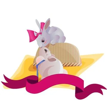 Basket decorated easter eggs on green grass for holiday celebration, spring Stock Illustration