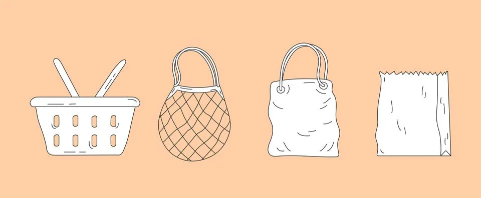Basket drawn outline style vector set 스톡 일러스트