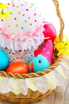 Basket with easter cakes and eggs. Stock Photos