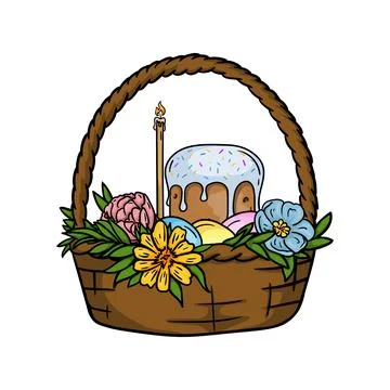 Basket, Easter cakes, eggs, a candle and flowers Stock Illustration