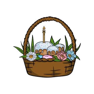 Basket with Easter cakes, eggs, flowers and grass Stock Illustration