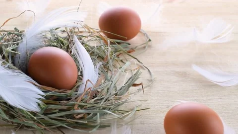 Basket easter decoration: natural colour eggs in basket Stock Footage 170314579