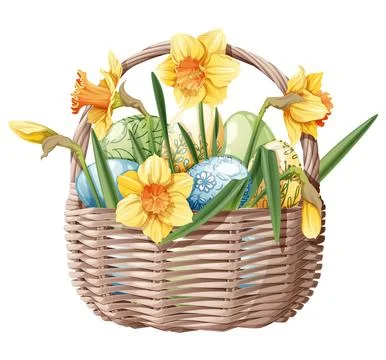 Basket with Easter eggs and daffodils on an isolated background. Vector ill.. Stock Illustration