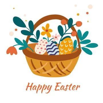Basket with Easter eggs and flowers. Colorful spring composition for a Happy  Stock Illustration