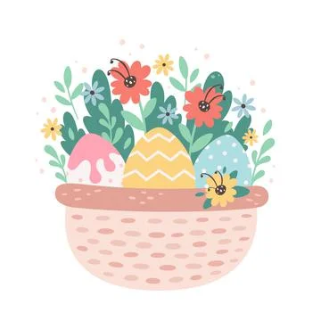 Basket with Easter eggs and flowers. Happy Easter, spring time. Иллюстрация